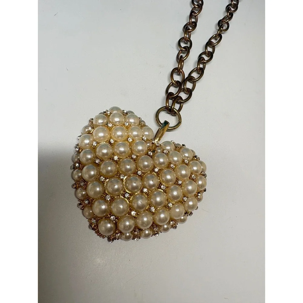 Vintage Style Faux Pearl Rhinestone Heart Pendant Antique Brass Chain Necklace